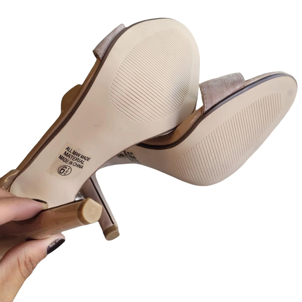 Delicious Tan Patent and Suede Open Toes High Heels Women's Size 6.5