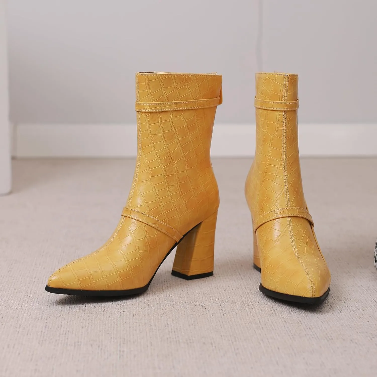 Gicoiz Women Block Heels Elegant Pointed Toe Chelsea Boots Buckle