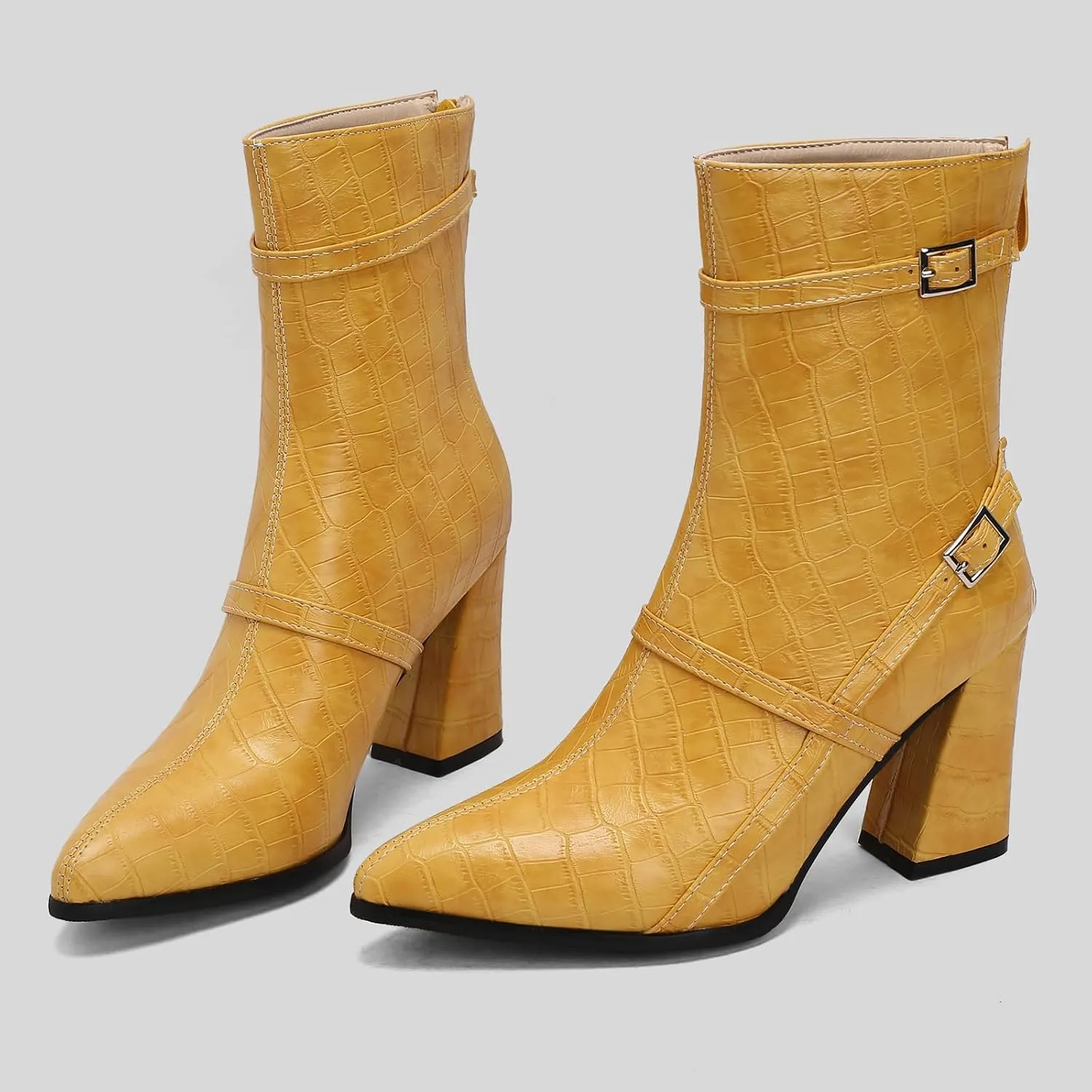 Gicoiz Women Block Heels Elegant Pointed Toe Chelsea Boots Buckle