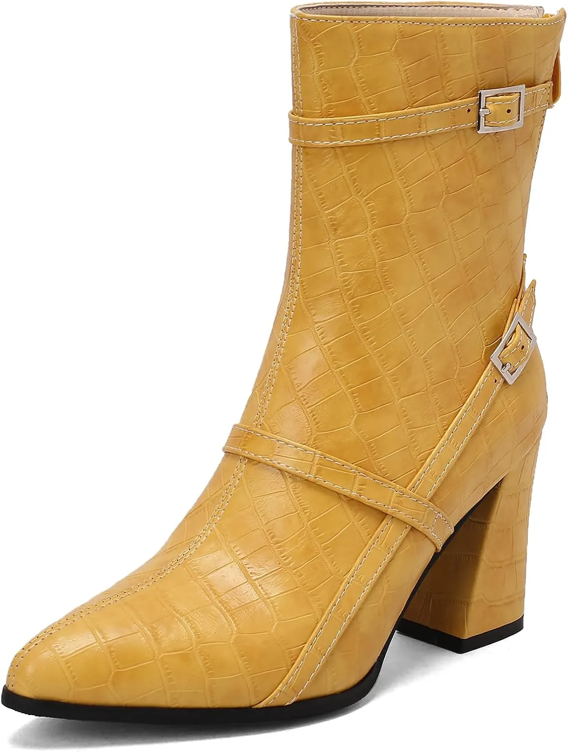 Gicoiz Women Block Heels Elegant Pointed Toe Chelsea Boots Buckle