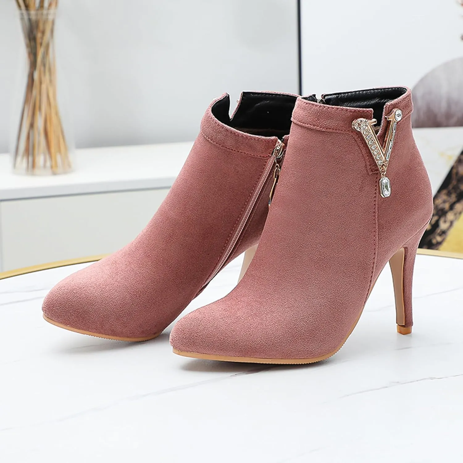 Gicoiz Women Pointed Toe Stiletto Heels Elegant Ankle Boots