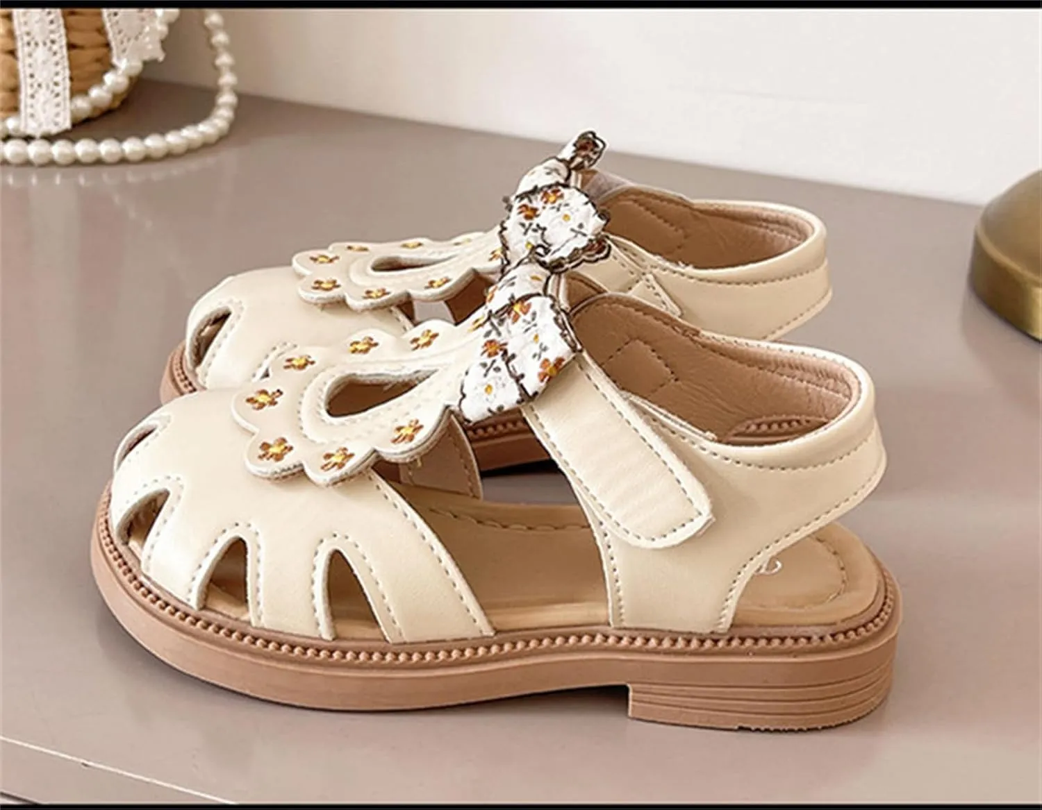 He&Yingmin Girls Bow Sandals Soft Closed Toe Princess Flat Shoes Summer Sandals