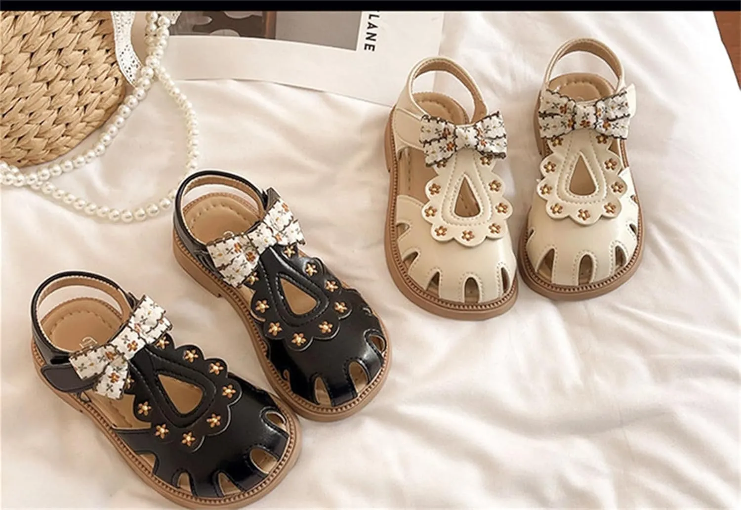 He&Yingmin Girls Bow Sandals Soft Closed Toe Princess Flat Shoes Summer Sandals