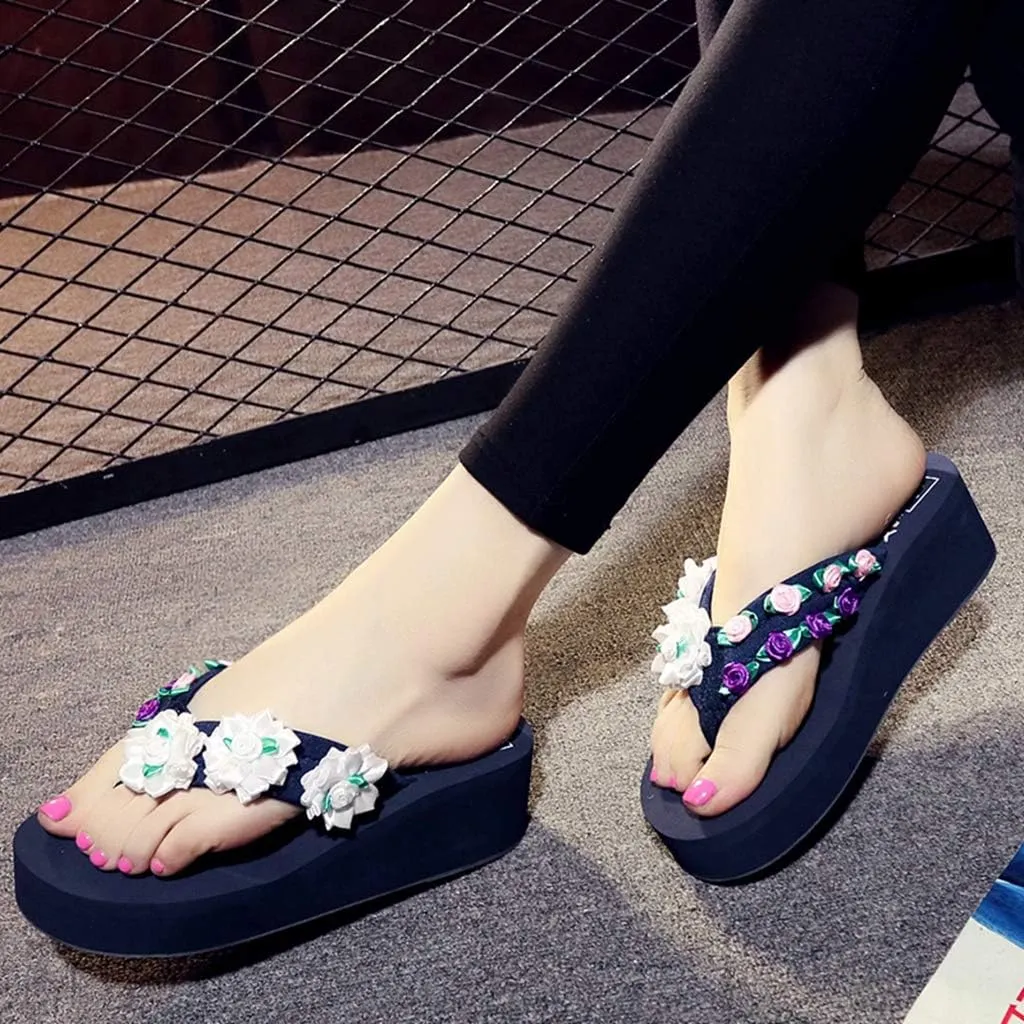 MIOKE Flower Wedge Flipflops For Womens Trendy Boho Summer Platform Nonslip High Heel Beach Thong Sandals