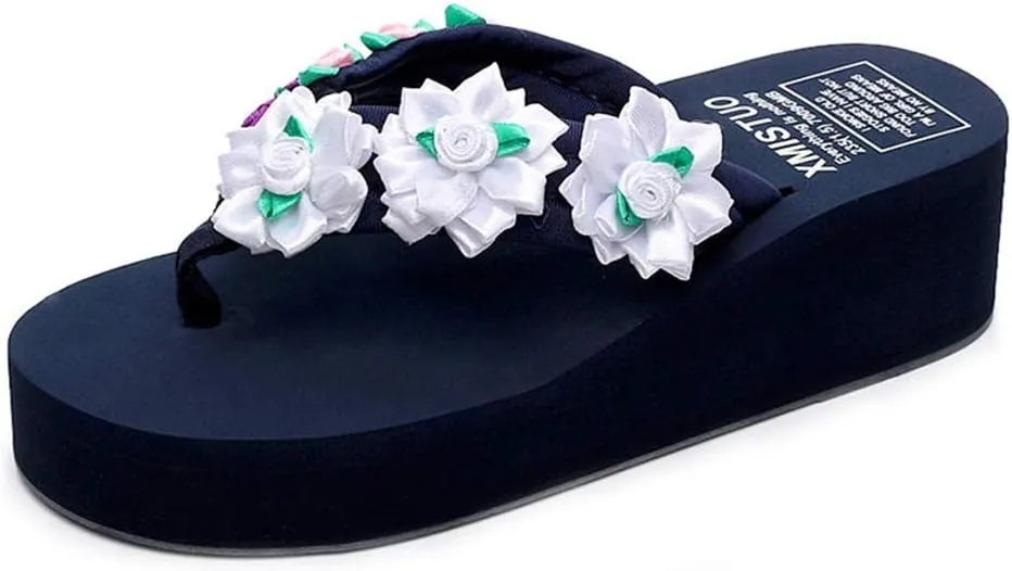 MIOKE Flower Wedge Flipflops For Womens Trendy Boho Summer Platform Nonslip High Heel Beach Thong Sandals