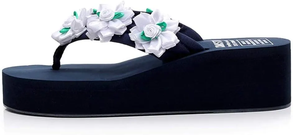 MIOKE Flower Wedge Flipflops For Womens Trendy Boho Summer Platform Nonslip High Heel Beach Thong Sandals