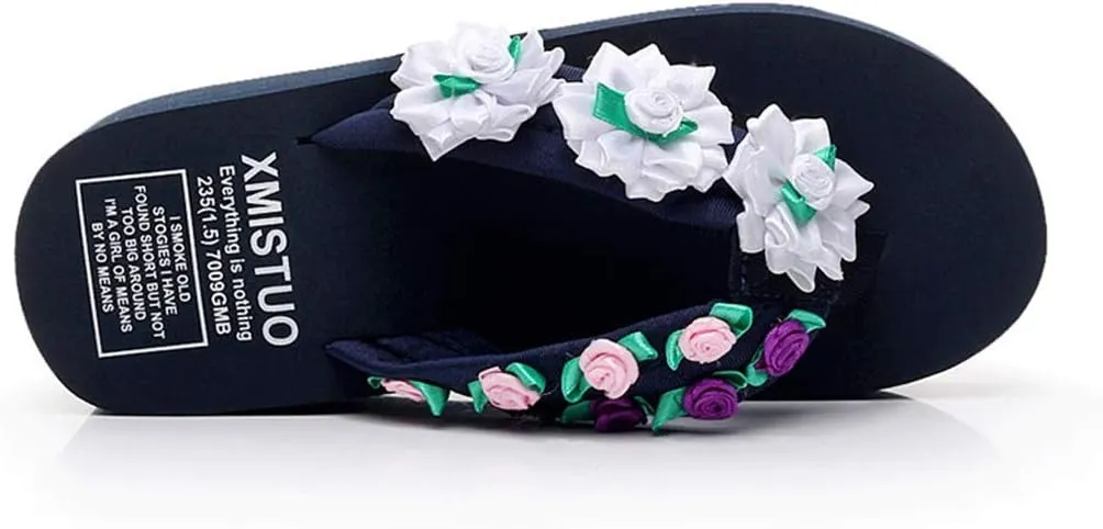 MIOKE Flower Wedge Flipflops For Womens Trendy Boho Summer Platform Nonslip High Heel Beach Thong Sandals