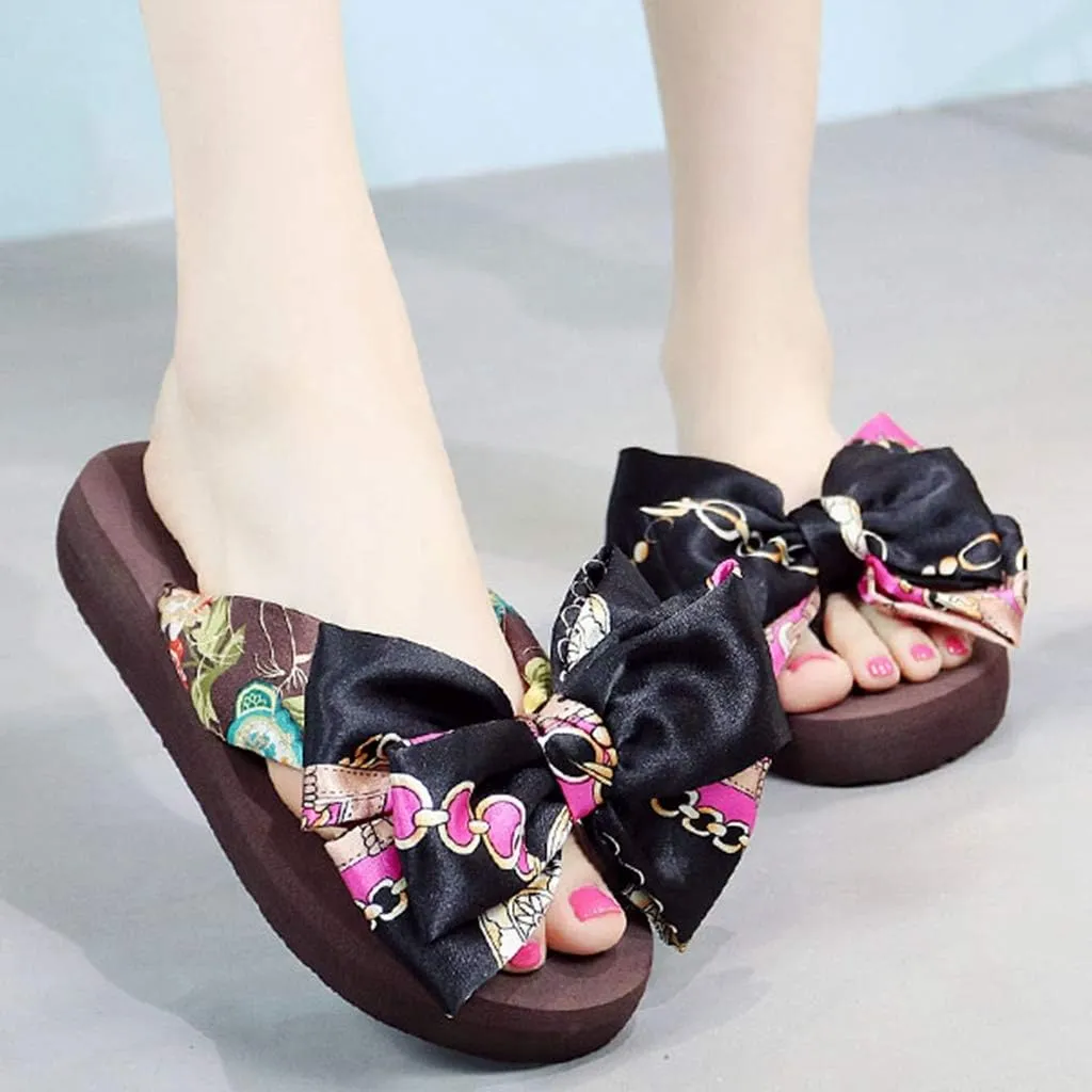 MIOKE Women's Bohemia Bowknot Flat Flipflops Summer Fashion Platform Comfort Nonslip Beach Thong Sandals