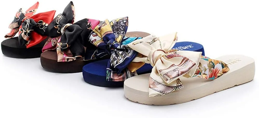MIOKE Women's Bohemia Bowknot Flat Flipflops Summer Fashion Platform Comfort Nonslip Beach Thong Sandals