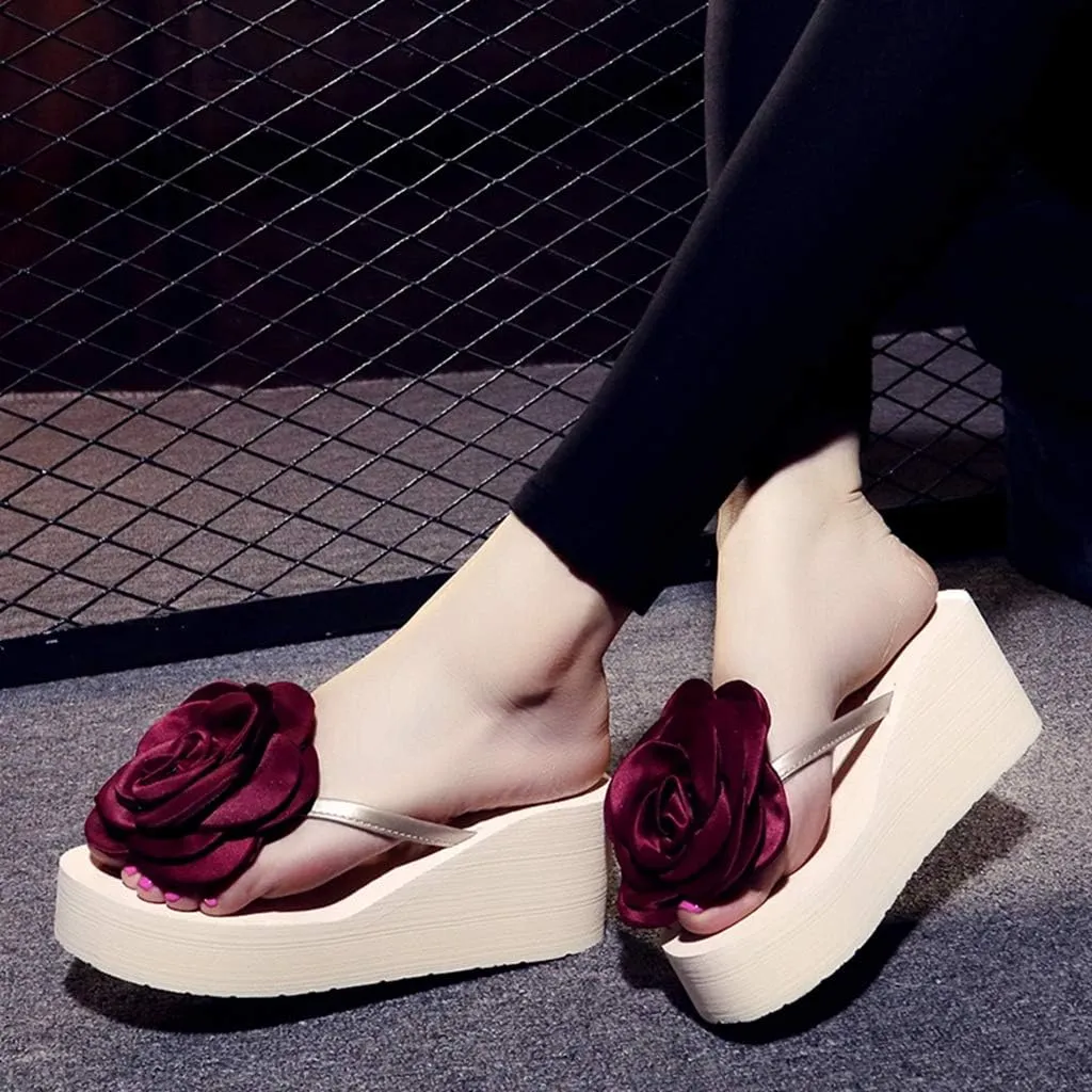 MIOKE Womens Flower Wedge High Heel Flipflops Summer Platform Comfort Anti-slip Beach Thong Sandals Black