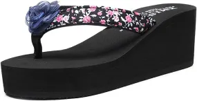 MIOKE Women's Wedge High Heel Flipflops Sandals Boho Flower Anti-Slip Platform Summer Beach Thong Sandals