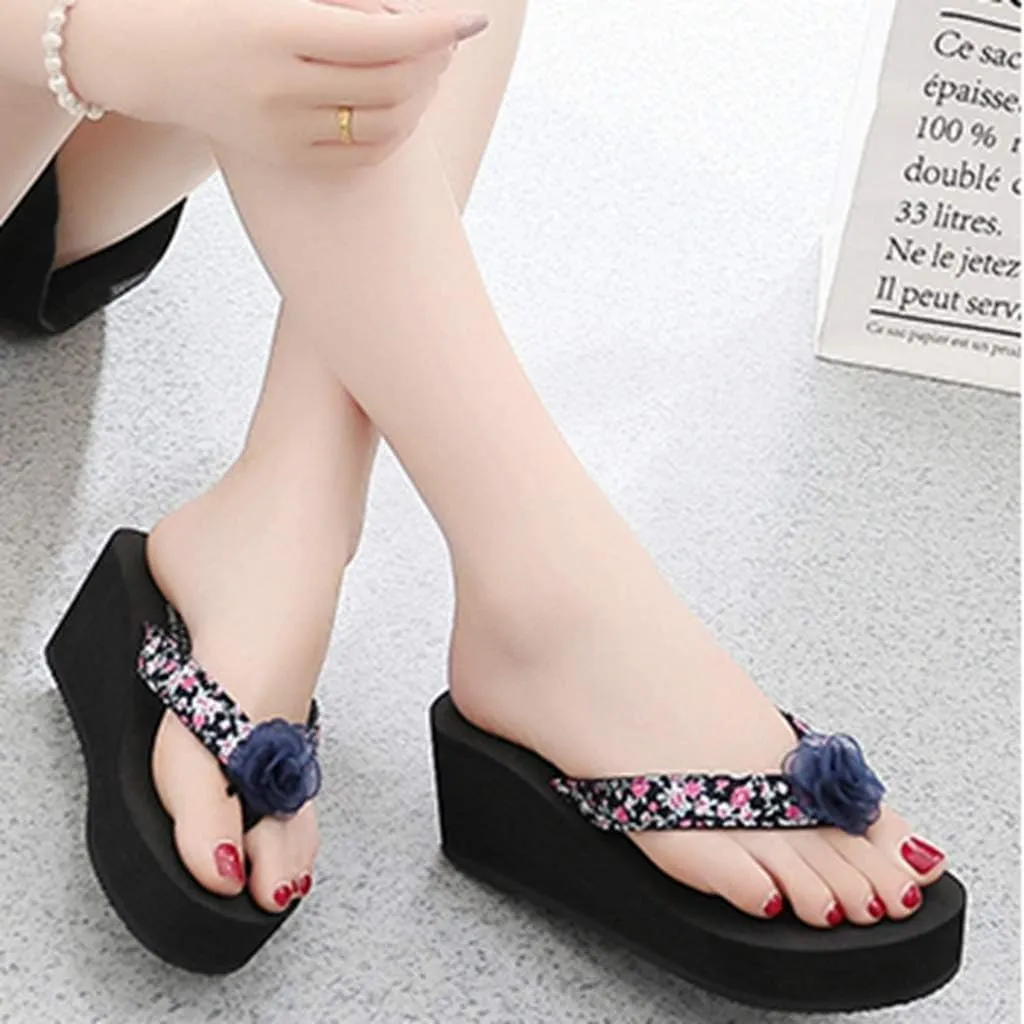 MIOKE Women's Wedge High Heel Flipflops Sandals Boho Flower Anti-Slip Platform Summer Beach Thong Sandals