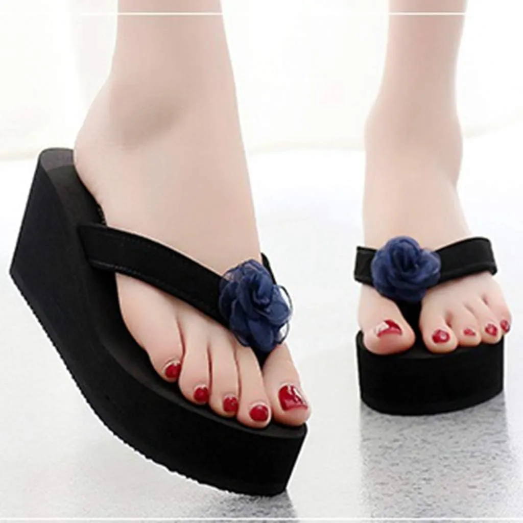MIOKE Women's Wedge High Heel Flipflops Sandals Boho Flower Anti-Slip Platform Summer Beach Thong Sandals