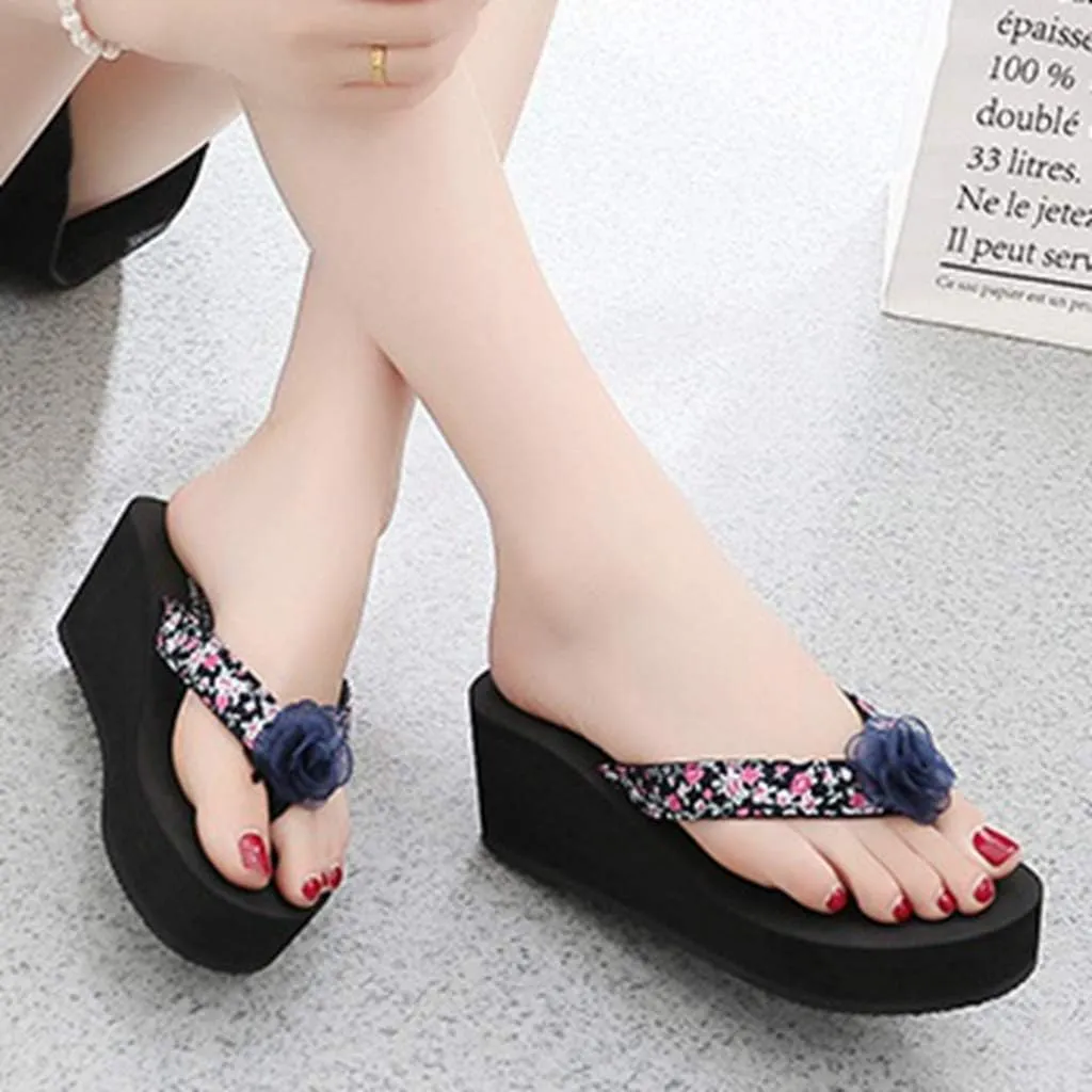 MIOKE Women's Wedge High Heel Flipflops Sandals Boho Flower Anti-Slip Platform Summer Beach Thong Sandals