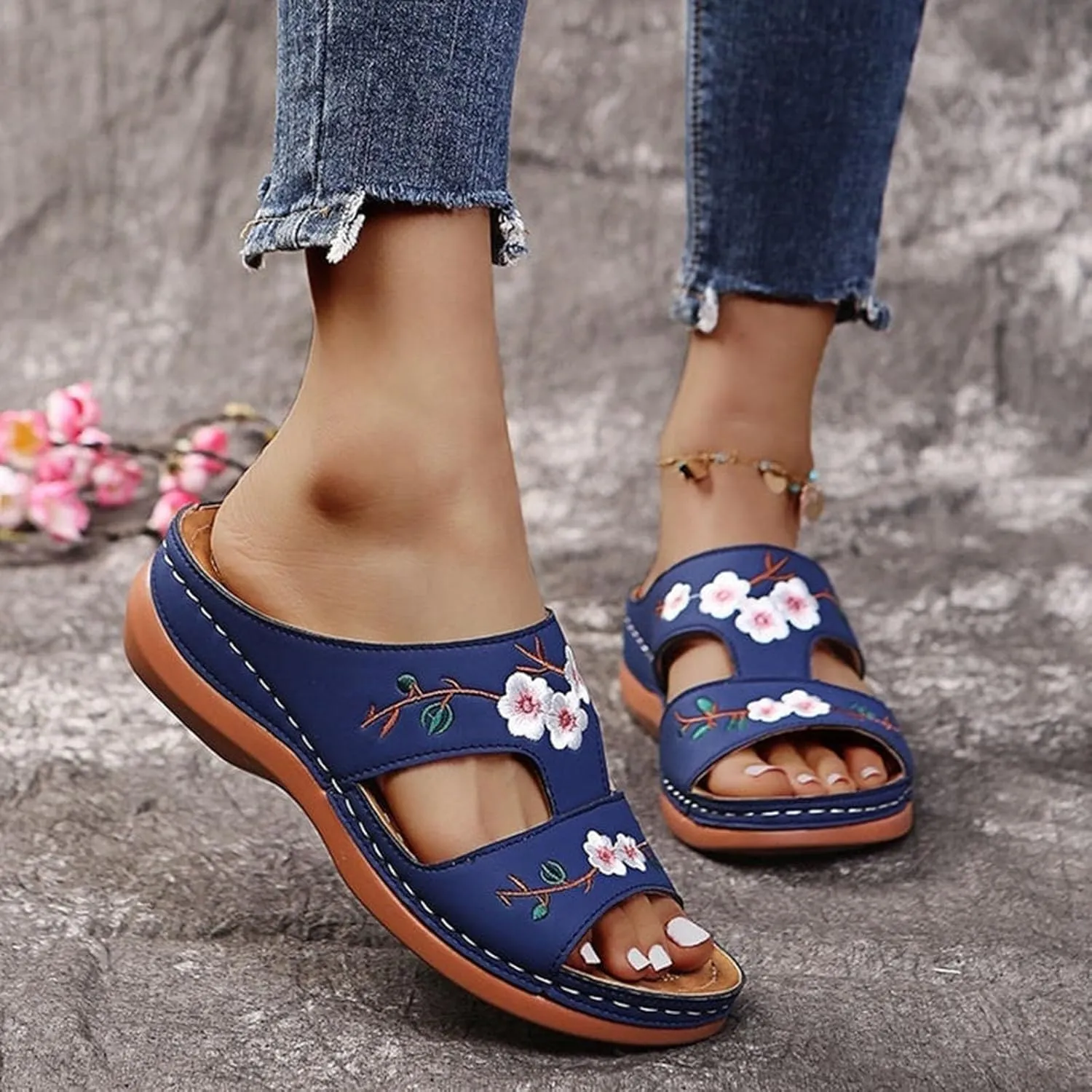 Orthopedic Sandals For Women Slip On Open Toe Soft Feetbed Flats Sandal Comfortable Walking Slippers Summer Arch Support Flip Flops Slip On Open Toe Soft Feetbed Flats Sandal