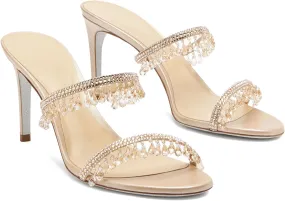 Rhinestone Tassel Heeled Sandals for Women Open Round Toe Stiletto High Heel Mules Sparkly Banquet Wedding Prom Shoes