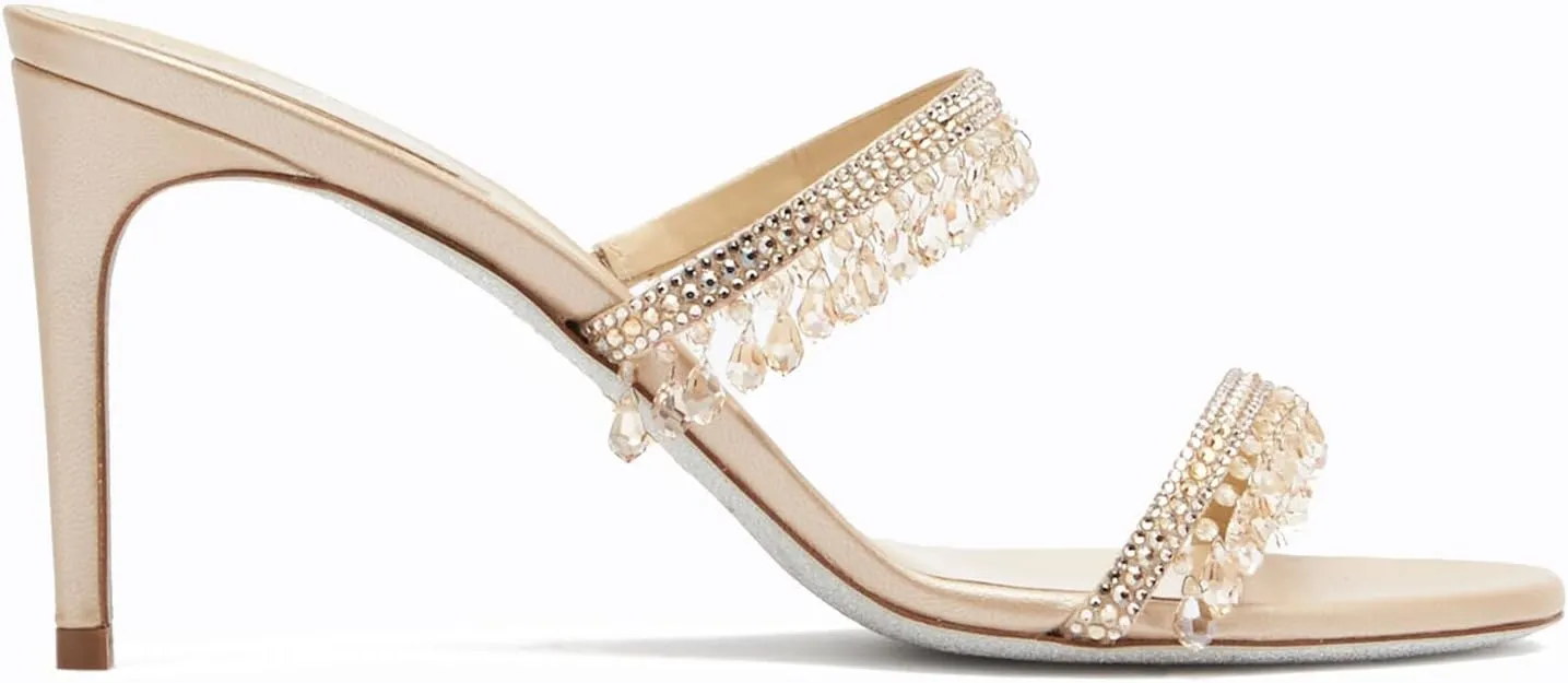Rhinestone Tassel Heeled Sandals for Women Open Round Toe Stiletto High Heel Mules Sparkly Banquet Wedding Prom Shoes