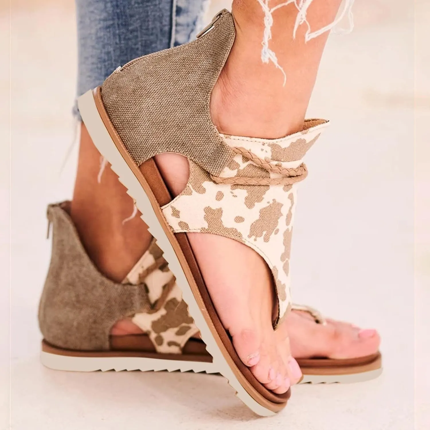 Sandals Women Retro Canvas Back Zipper Soft Cushion Flip Flops for Women Casual Summer Outdoor Womens Sandals
