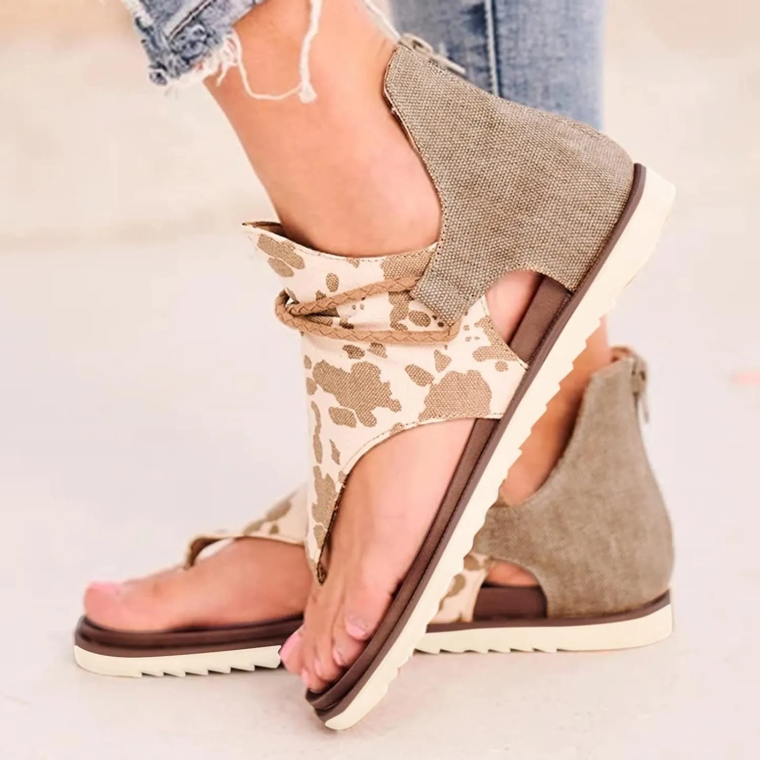 Sandals Women Retro Canvas Back Zipper Soft Cushion Flip Flops for Women Casual Summer Outdoor Womens Sandals