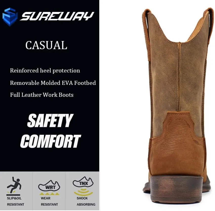 SUREWAY Cowboy Boots for Men - Square Toe Western Boots,Pull On Leather Work Boots,Durable Fashionable Classic Slip Resistant Boots