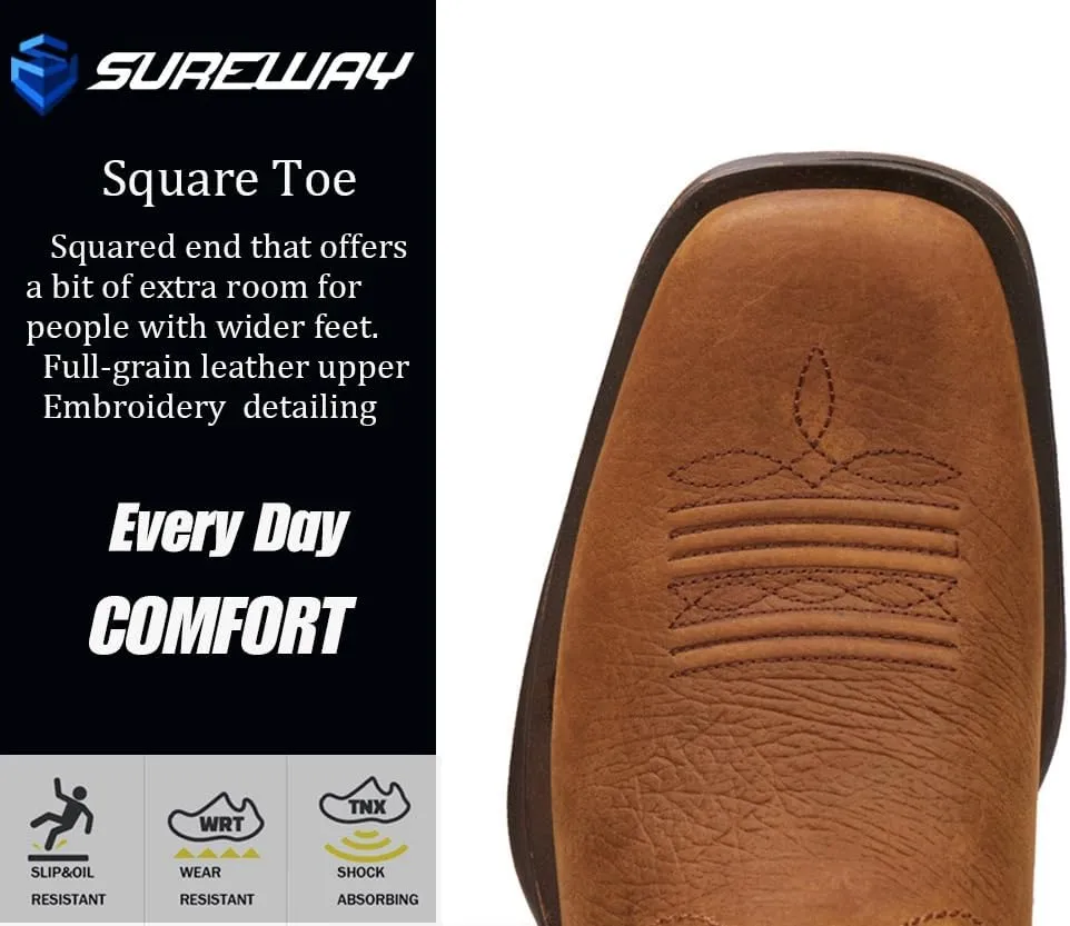 SUREWAY Cowboy Boots for Men - Square Toe Western Boots,Pull On Leather Work Boots,Durable Fashionable Classic Slip Resistant Boots