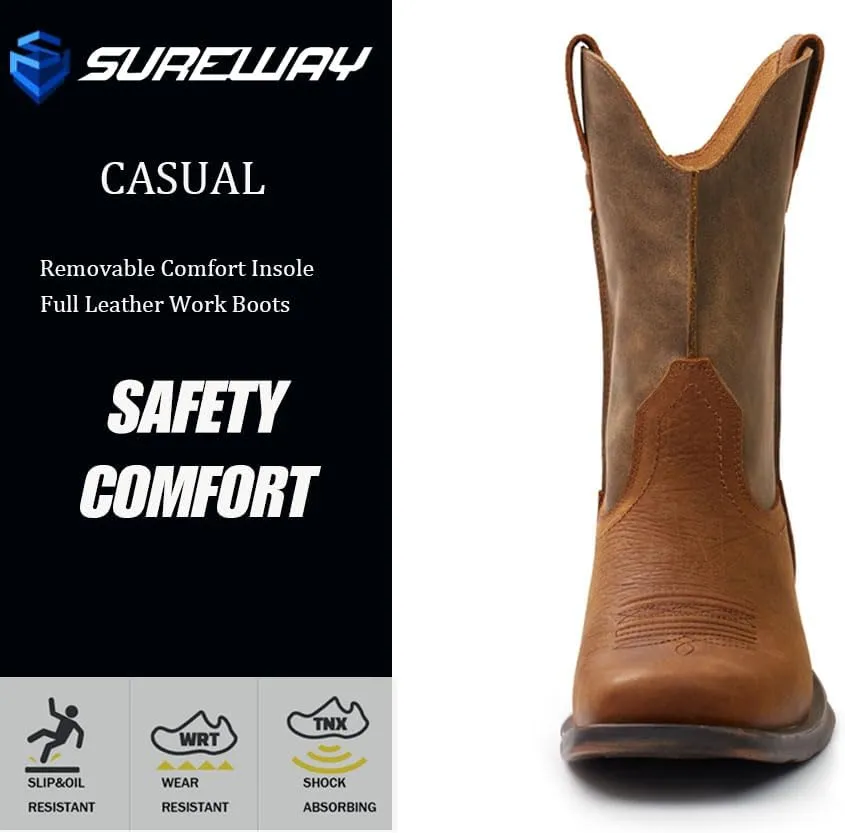 SUREWAY Cowboy Boots for Men - Square Toe Western Boots,Pull On Leather Work Boots,Durable Fashionable Classic Slip Resistant Boots