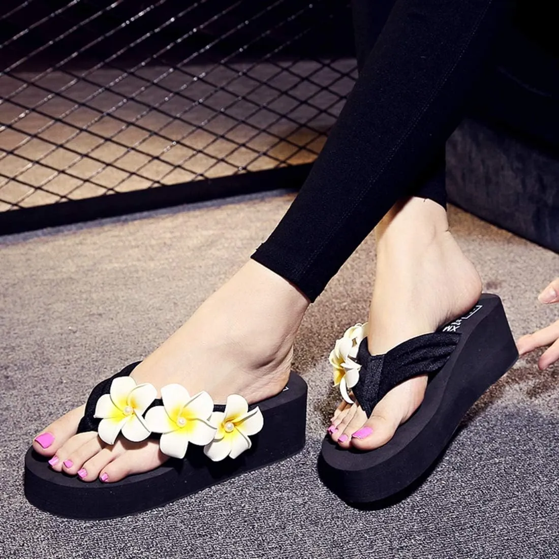 VOKLIN Women's Bohemian Flower Wedge Flipflop Sandals Summer Nonslip High Heel Platform Beach Thong Sandal