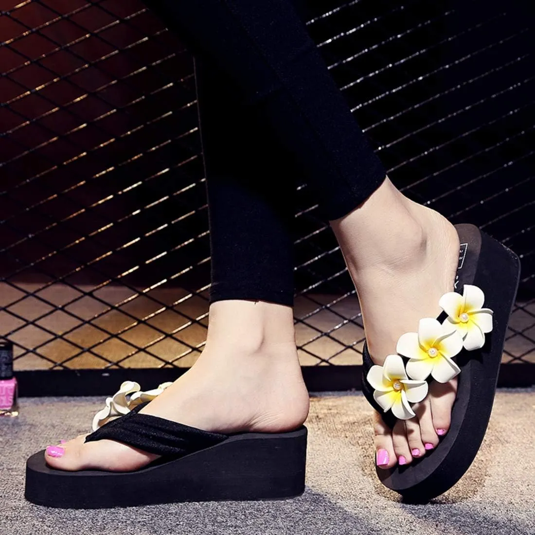 VOKLIN Women's Bohemian Flower Wedge Flipflop Sandals Summer Nonslip High Heel Platform Beach Thong Sandal