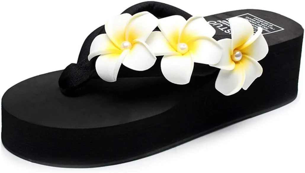 VOKLIN Women's Bohemian Flower Wedge Flipflop Sandals Summer Nonslip High Heel Platform Beach Thong Sandal