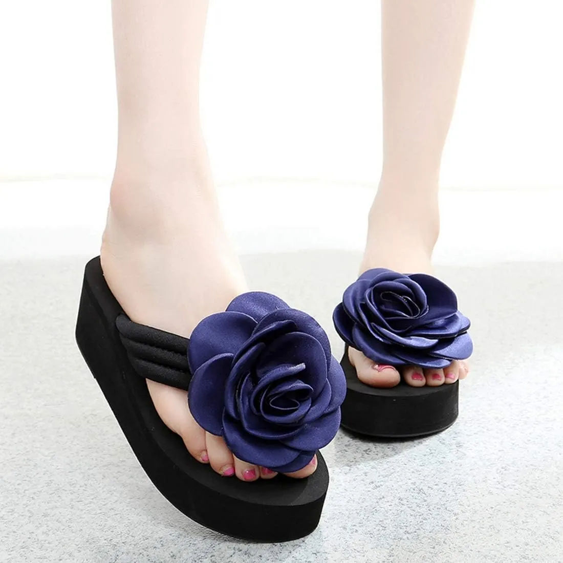 VOKLIN Women's Bohemian Flower Wedge Flipflops Sandals Fashion Summer Comfort Nonslip Platform Beach Sandal
