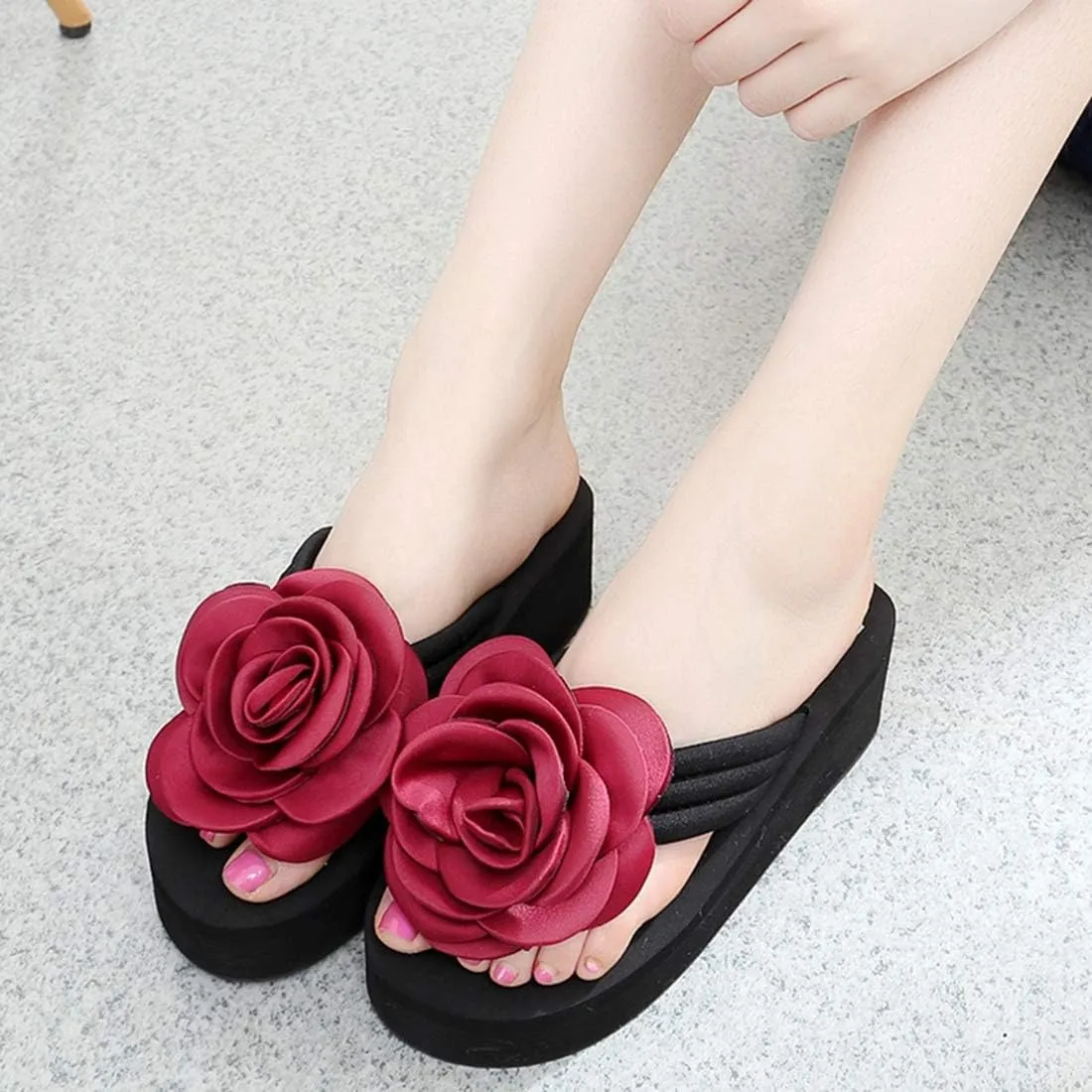 VOKLIN Women's Bohemian Flower Wedge Flipflops Sandals Fashion Summer Comfort Nonslip Platform Beach Sandal