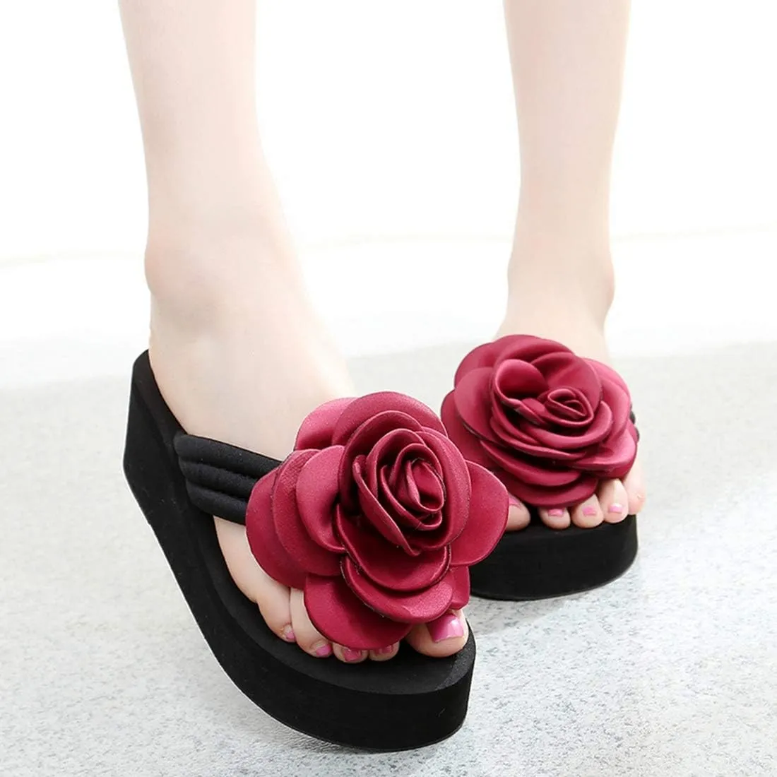 VOKLIN Women's Bohemian Flower Wedge Flipflops Sandals Fashion Summer Comfort Nonslip Platform Beach Sandal