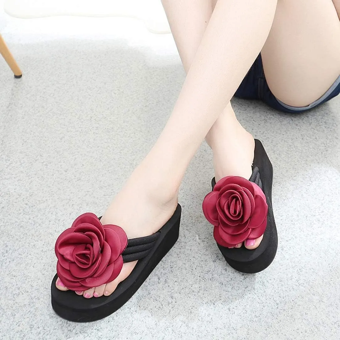 VOKLIN Women's Bohemian Flower Wedge Flipflops Sandals Fashion Summer Comfort Nonslip Platform Beach Sandal