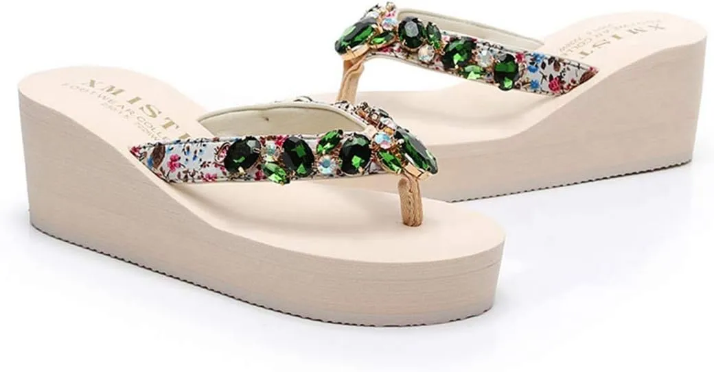 VOKLIN Women's Sparkly Rhinestone Wedge High Heel Flipflops Summer Platform Anti-Slip Beach Thong Sandals