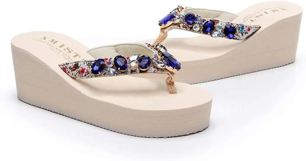 VOKLIN Women's Sparkly Rhinestone Wedge High Heel Flipflops Summer Platform Anti-Slip Beach Thong Sandals