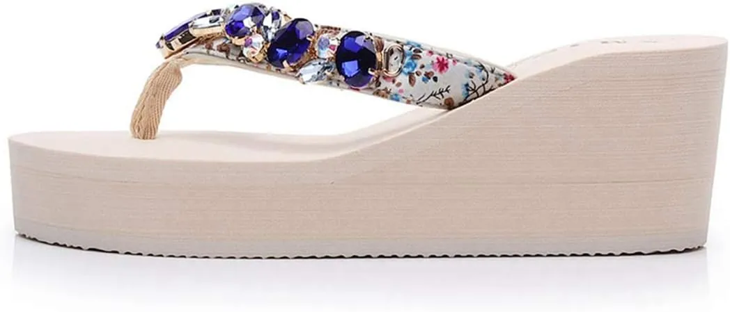 VOKLIN Women's Sparkly Rhinestone Wedge High Heel Flipflops Summer Platform Anti-Slip Beach Thong Sandals