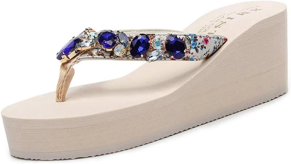 VOKLIN Women's Sparkly Rhinestone Wedge High Heel Flipflops Summer Platform Anti-Slip Beach Thong Sandals