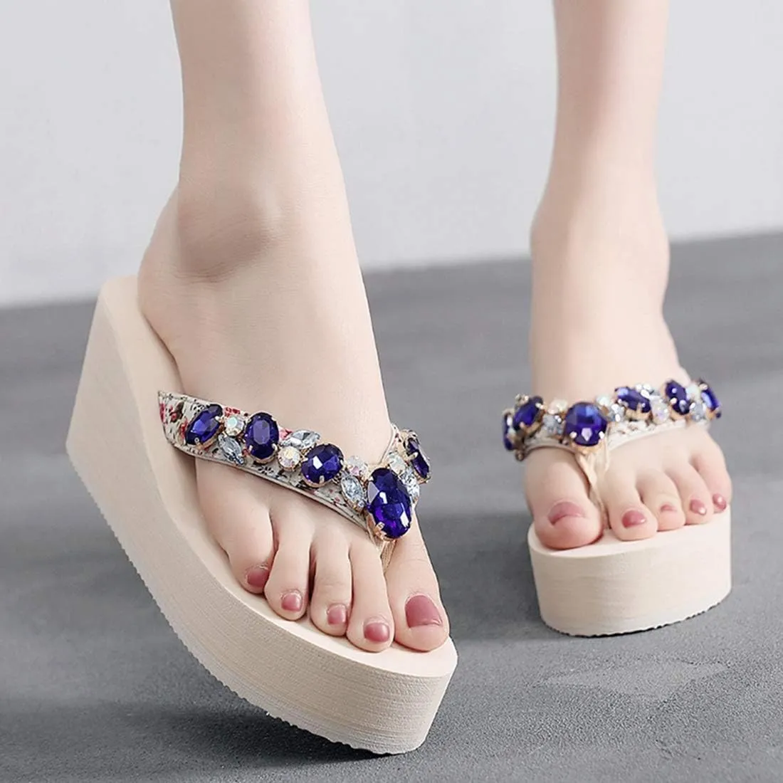 VOKLIN Women's Sparkly Rhinestone Wedge High Heel Flipflops Summer Platform Anti-Slip Beach Thong Sandals