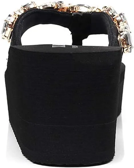 VOKLIN Women's Sparkly Rhinestone Wedge High Heel Flipflops Summer Platform Anti-Slip Beach Thong Sandals