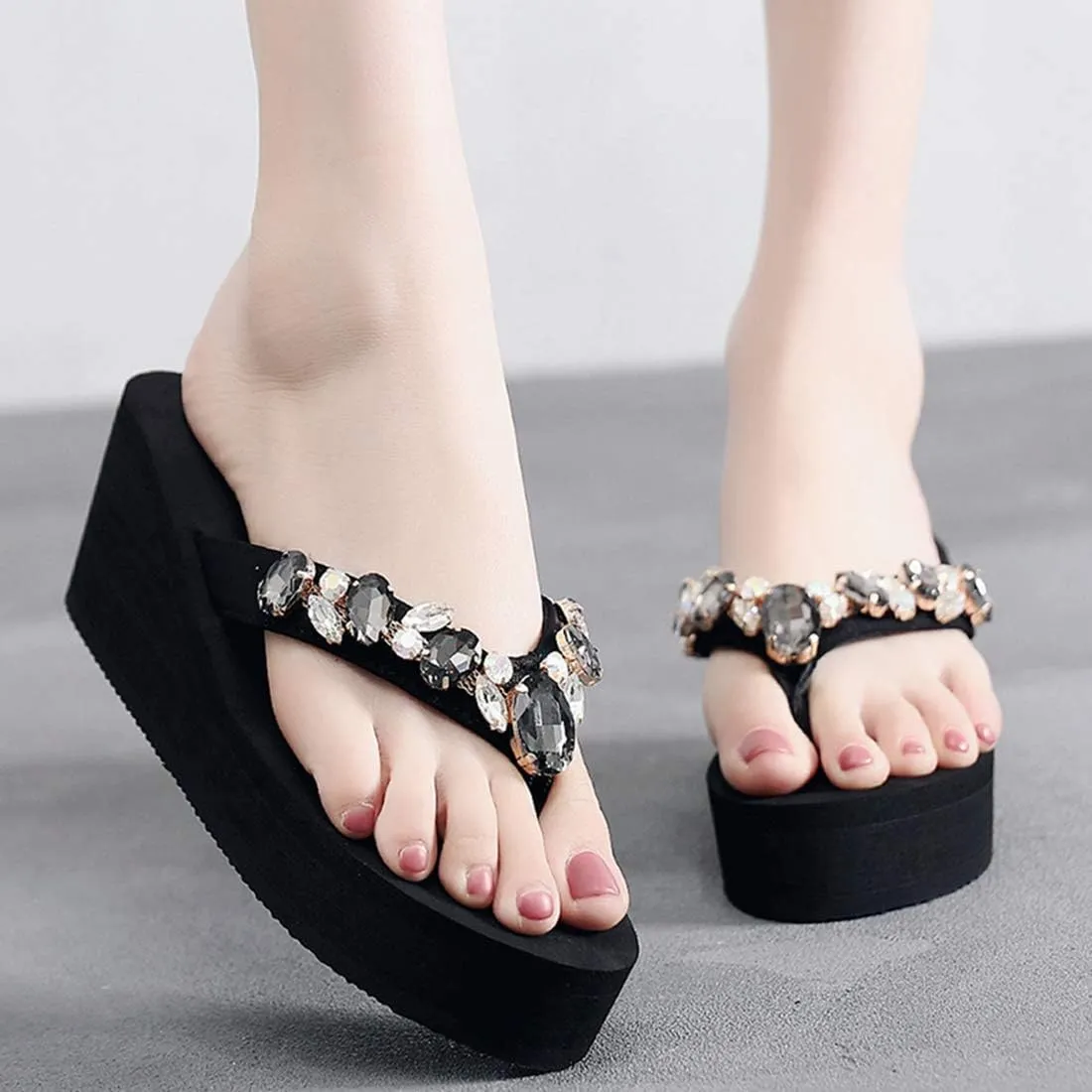 VOKLIN Women's Sparkly Rhinestone Wedge High Heel Flipflops Summer Platform Anti-Slip Beach Thong Sandals