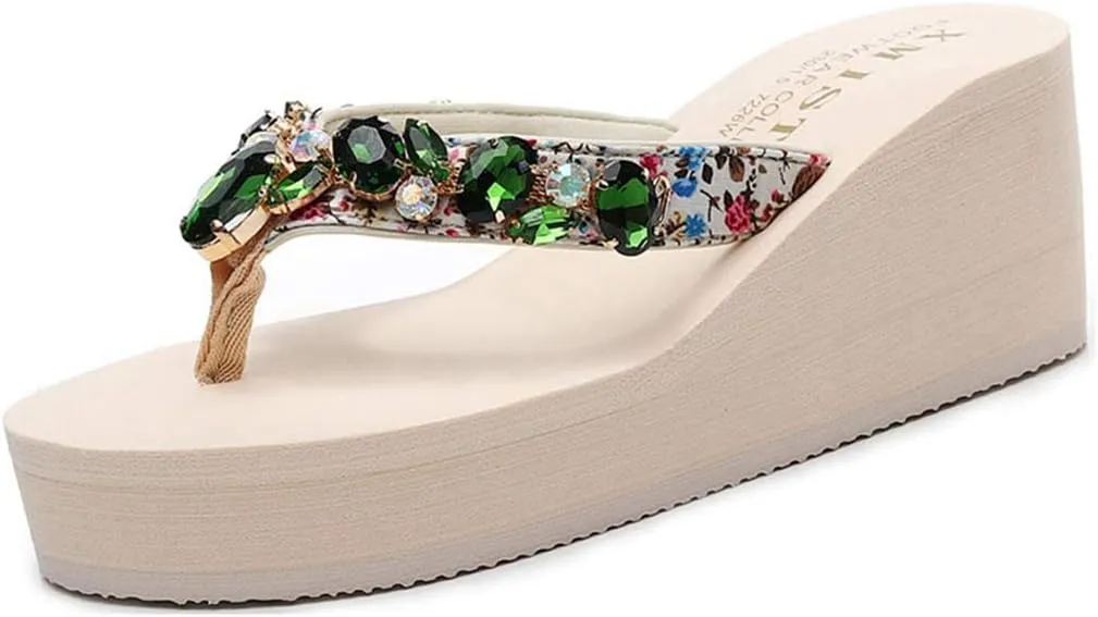 VOKLIN Women's Sparkly Rhinestone Wedge High Heel Flipflops Summer Platform Anti-Slip Beach Thong Sandals