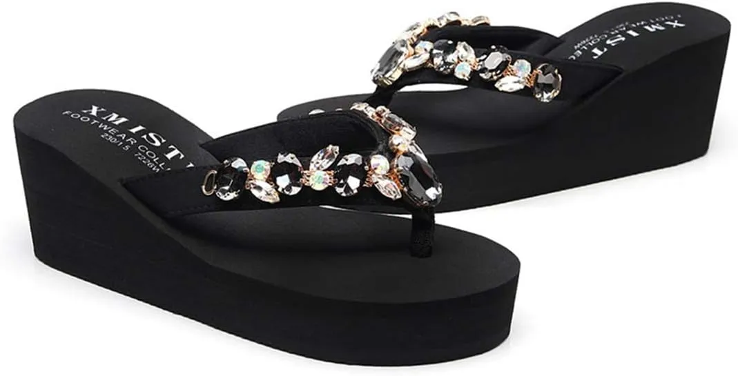 VOKLIN Women's Sparkly Rhinestone Wedge High Heel Flipflops Summer Platform Anti-Slip Beach Thong Sandals