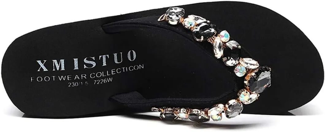 VOKLIN Women's Sparkly Rhinestone Wedge High Heel Flipflops Summer Platform Anti-Slip Beach Thong Sandals