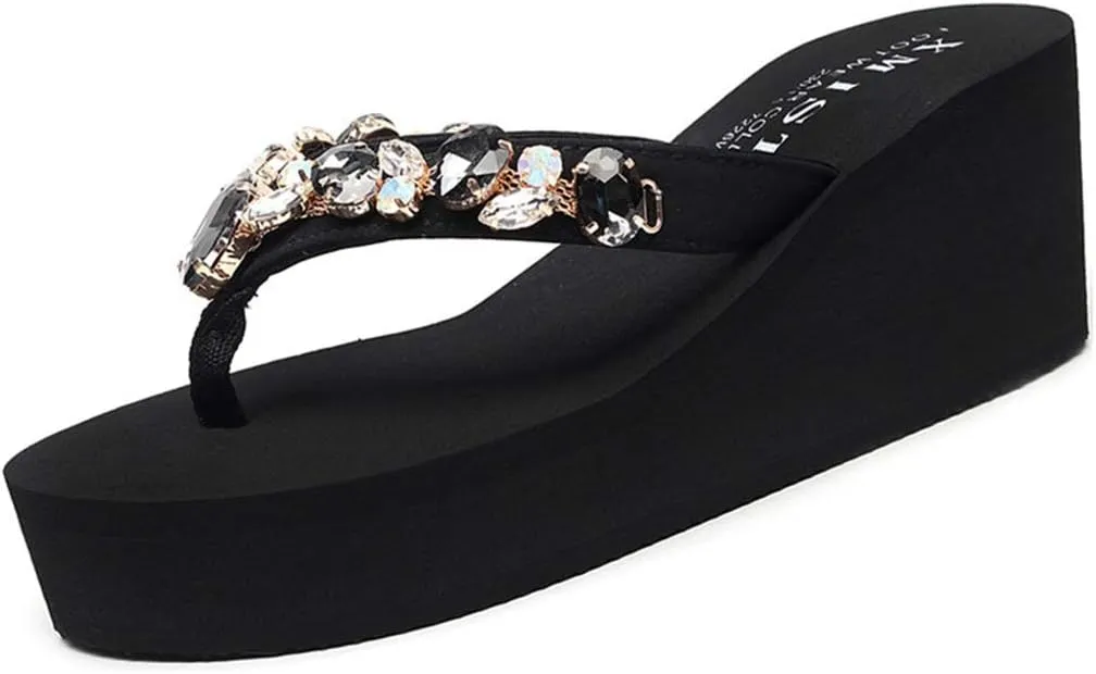 VOKLIN Women's Sparkly Rhinestone Wedge High Heel Flipflops Summer Platform Anti-Slip Beach Thong Sandals