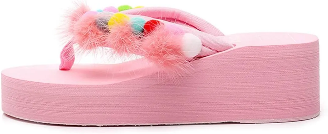 VOKLIN Women's Summer Wedge High Heel Flipflops with Pom-poms Furry Platform Anti-Slip Beach Thong Sandals