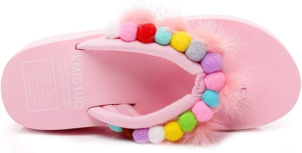 VOKLIN Women's Summer Wedge High Heel Flipflops with Pom-poms Furry Platform Anti-Slip Beach Thong Sandals