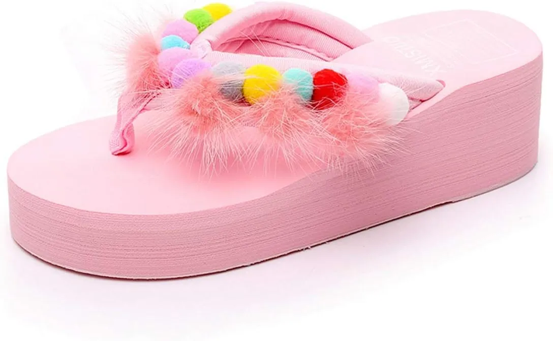 VOKLIN Women's Summer Wedge High Heel Flipflops with Pom-poms Furry Platform Anti-Slip Beach Thong Sandals
