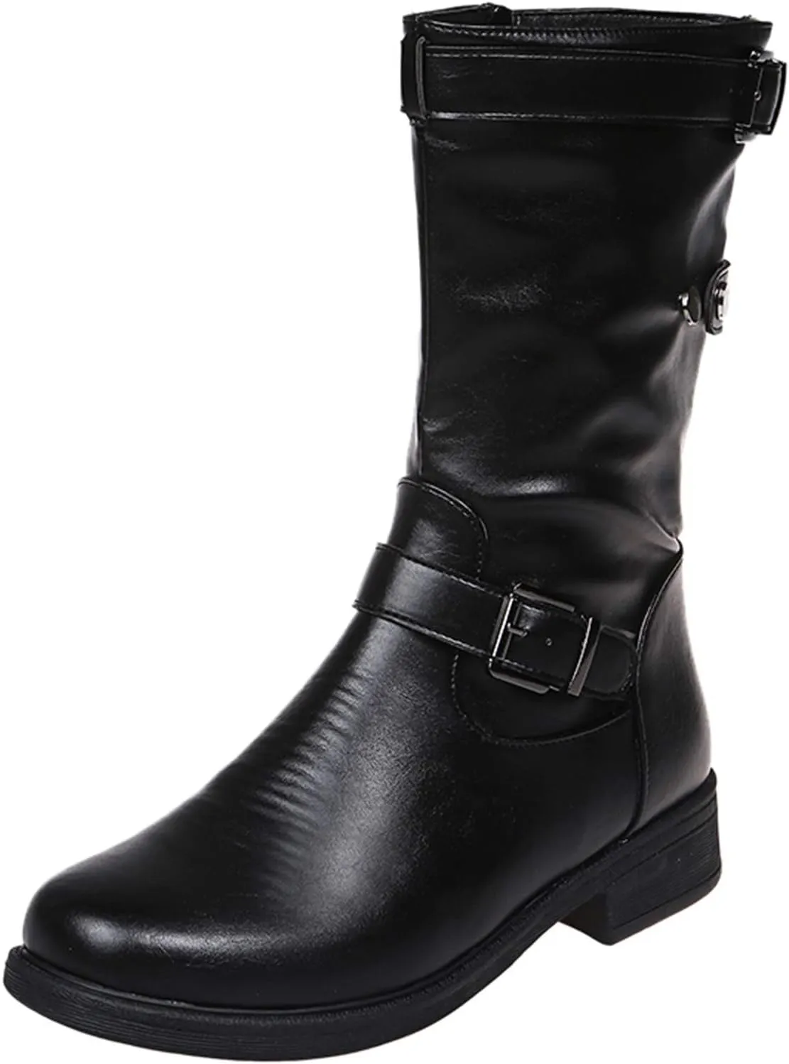 Womens Boots Retro Side Zipper Square Heel Boots for Women Round Toe Cozy Durable Faux Leather Mid-Calf Boots