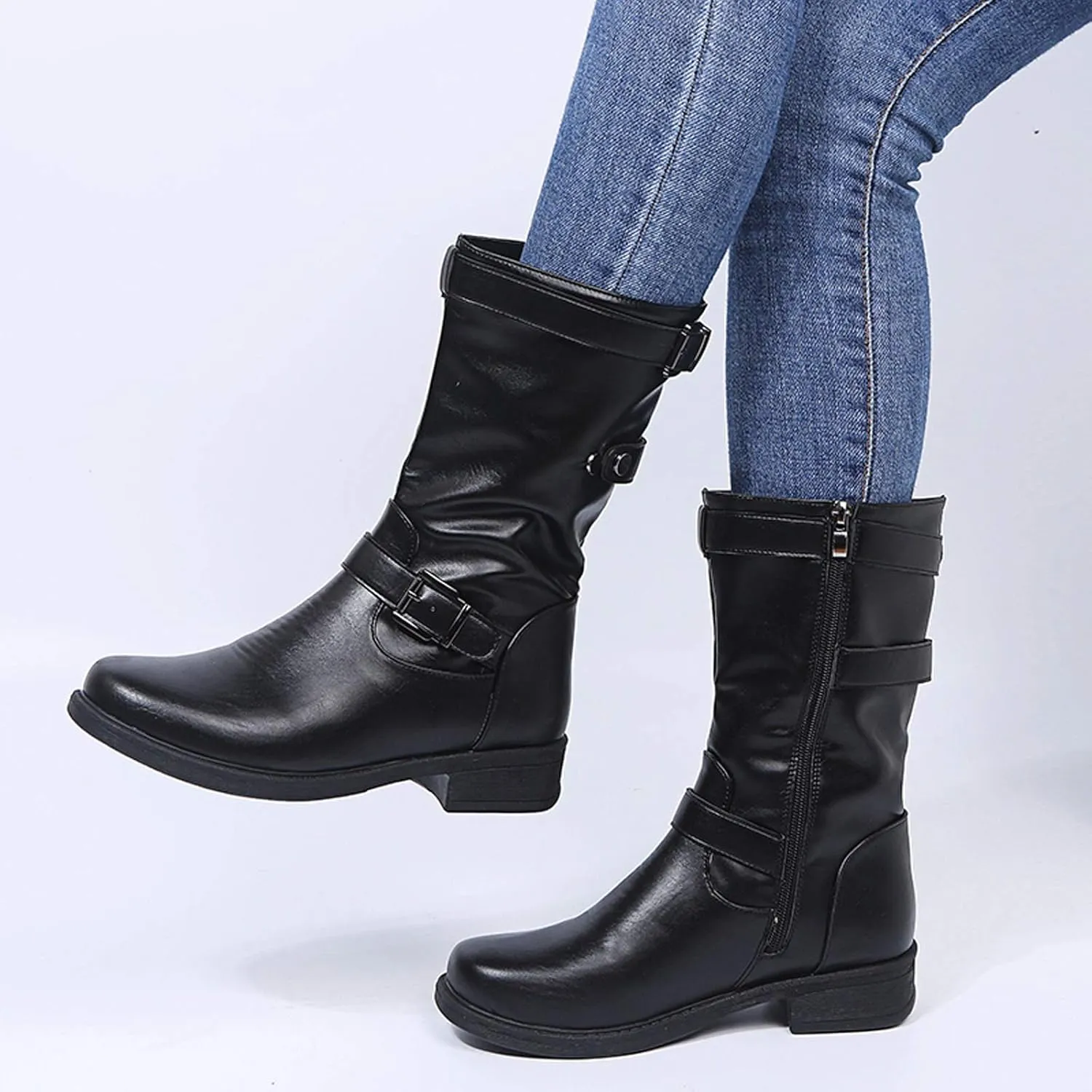 Womens Boots Retro Side Zipper Square Heel Boots for Women Round Toe Cozy Durable Faux Leather Mid-Calf Boots