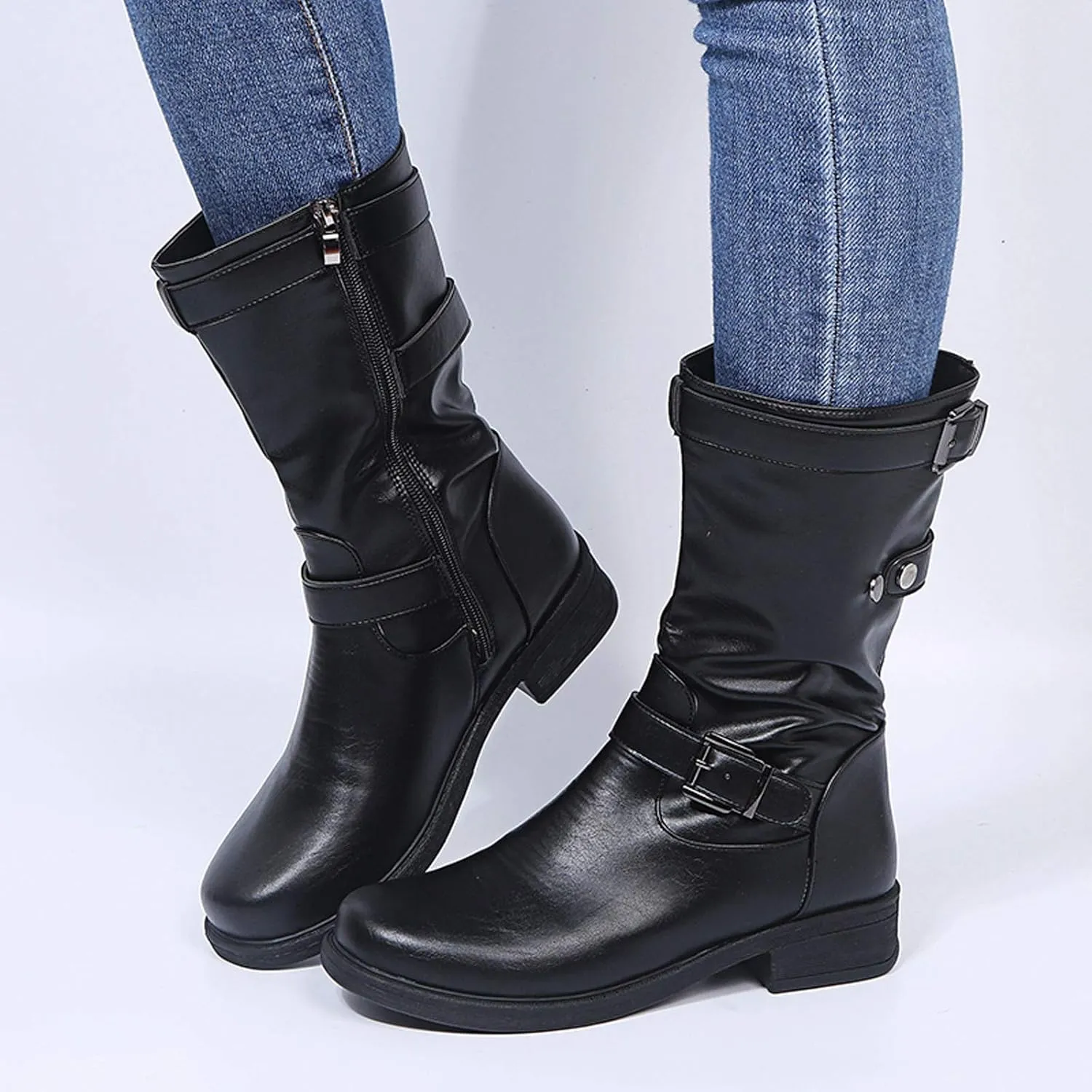 Womens Boots Retro Side Zipper Square Heel Boots for Women Round Toe Cozy Durable Faux Leather Mid-Calf Boots